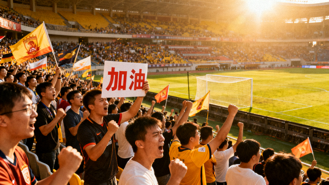 球迷在球场看台为球队加油助威的场景