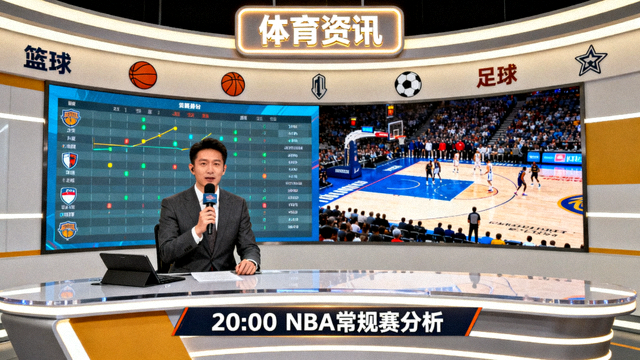 体育资讯演播室内进行赛事分析与画面回放的场景