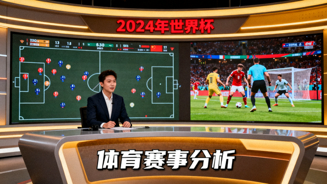 体育资讯演播室内赛事分析与画面回放场景